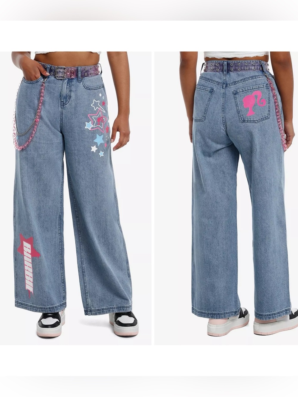 Barbie Y2K Star Wide Leg Jeans With Belt & Chain Size 13 NEW